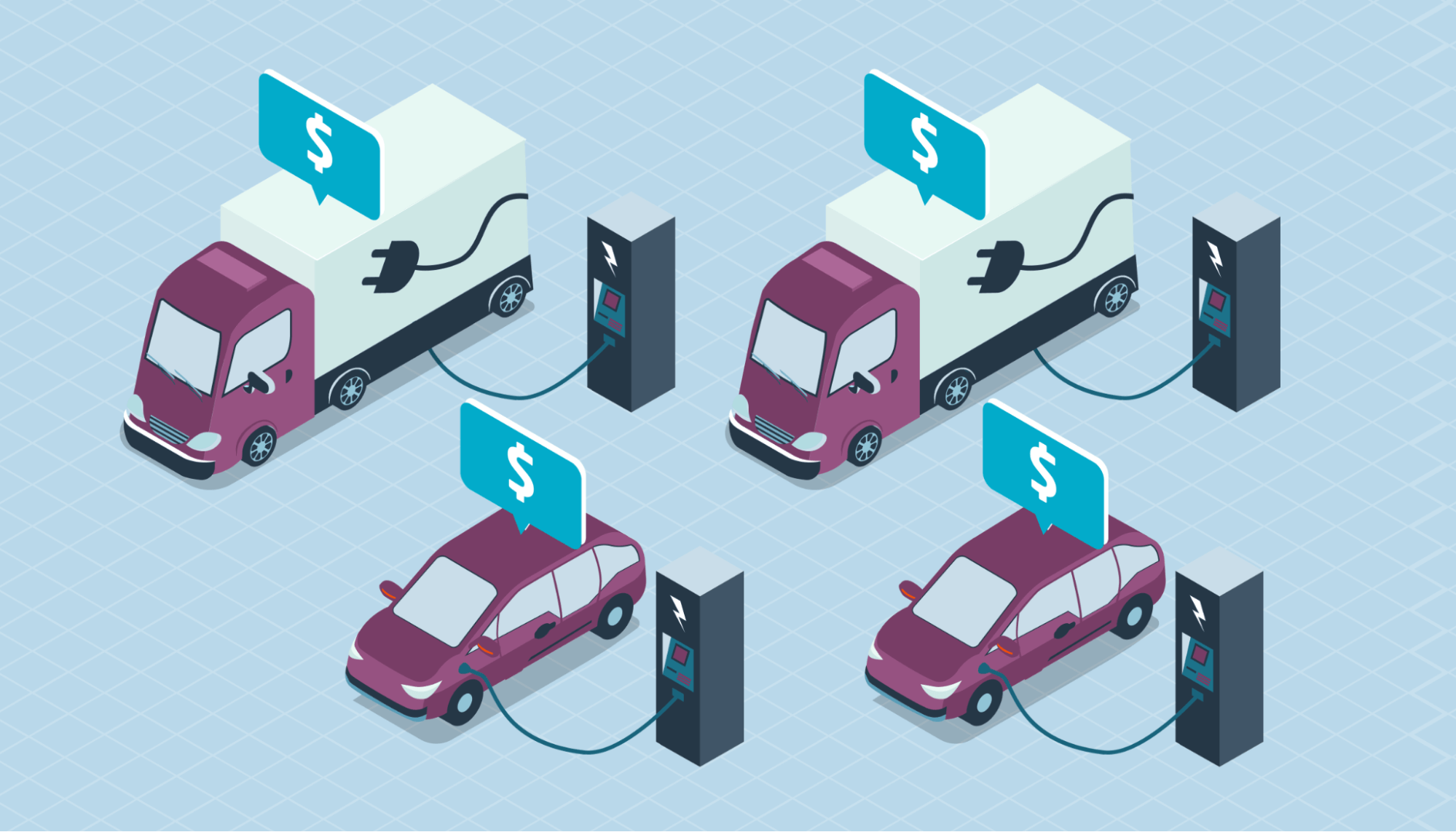 A fleet of electric vehicles shown with different price tags.