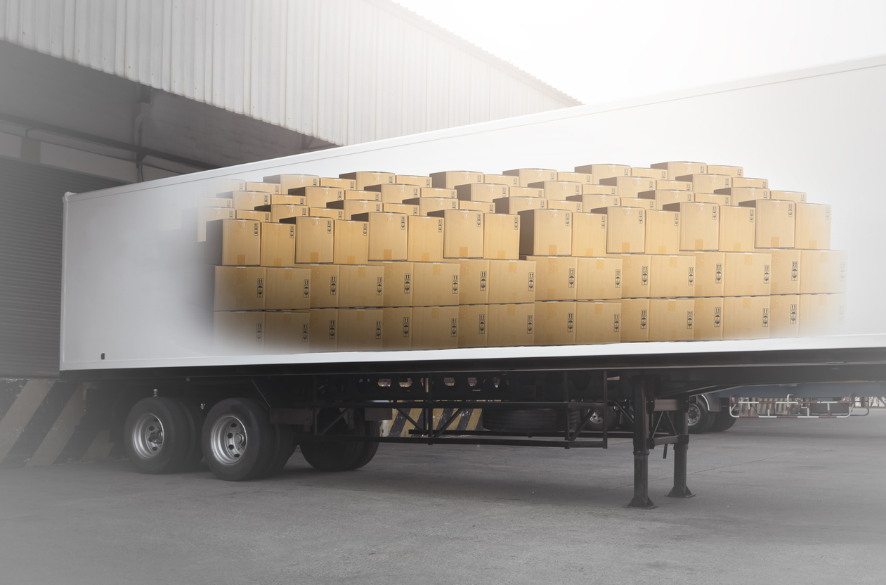 Stack Of Package Boxes Load Inside Cargo Container At Doack Warehouse. Shipment Boxes. Freight Truck Transport. Shipping Warehouse Logistics