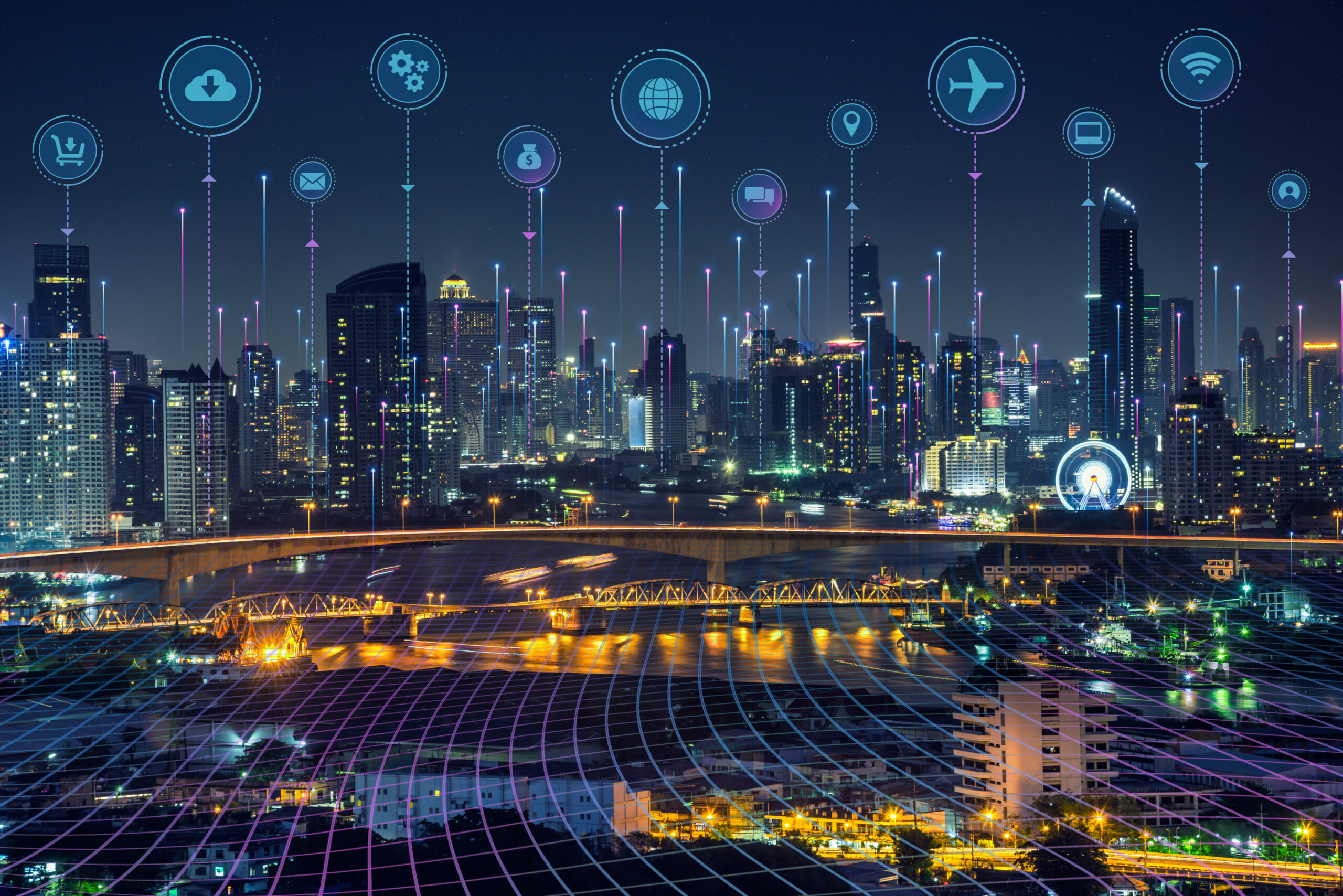 Smart City Dot Point Connect With Gradient Grid Line, Internet Of Things Connection Technology Icon Concept