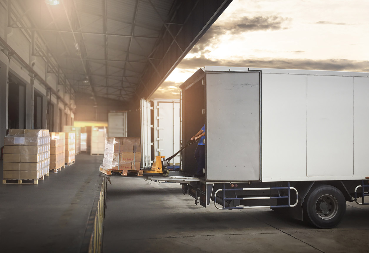 Package Boxes On Pallets Loading Into Cargo Container. Trucks Parked Loading At Dock Warehouse. Delivery Service. Shipping Warehouse Logistics. Road Freight Truck Transportation.