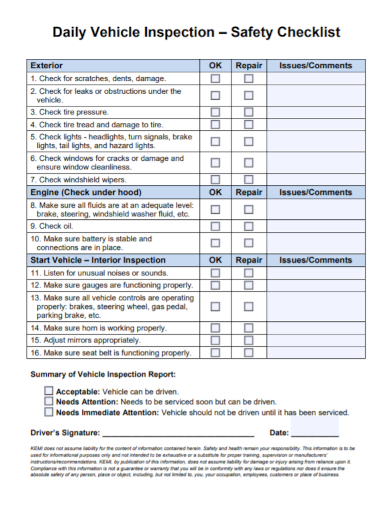A sample of a standardized DVIR checklist