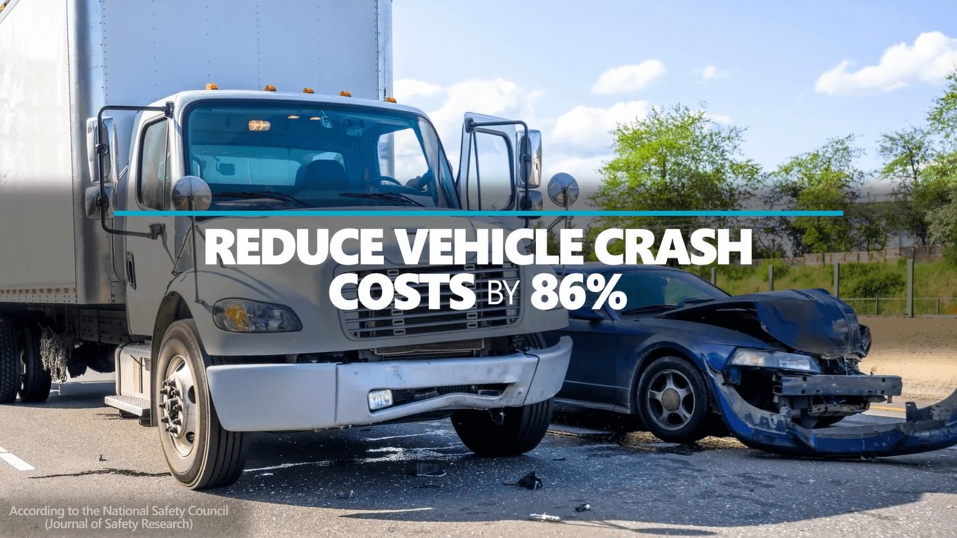 Screenshot from CalAmp video explaining how their integrated ELD and DVIR solution can reduce vehicle crash costs by 86%